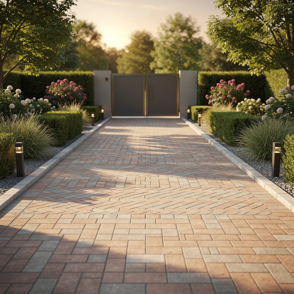 Paved entrance to a private property with interlocking pavers, professional landscaping, high quality photography
