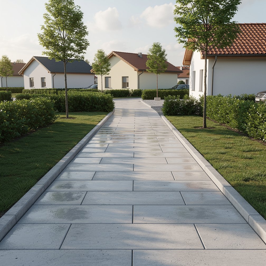 Modern concrete block sidewalk in a small village, clean edges, residential area, professional photography