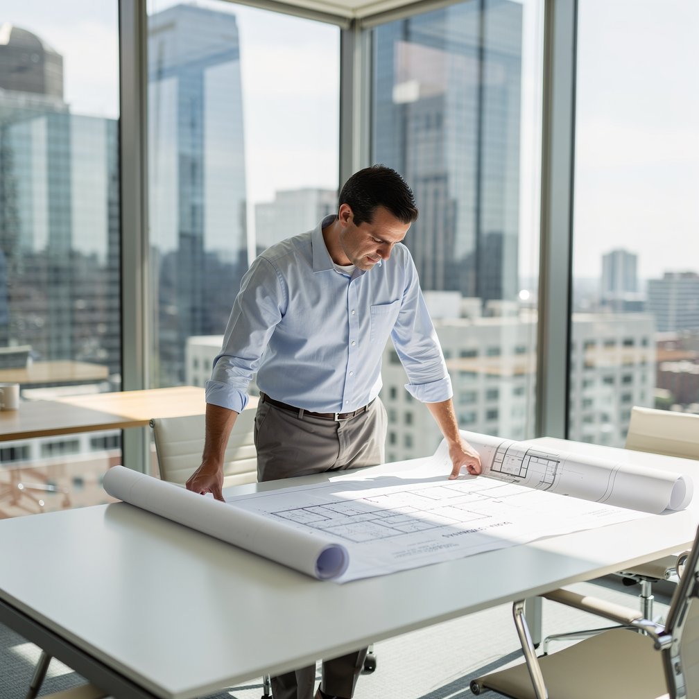 Professional engineer looking at blueprints in a modern office with large windows, bright and airy atmosphere, high quality photography